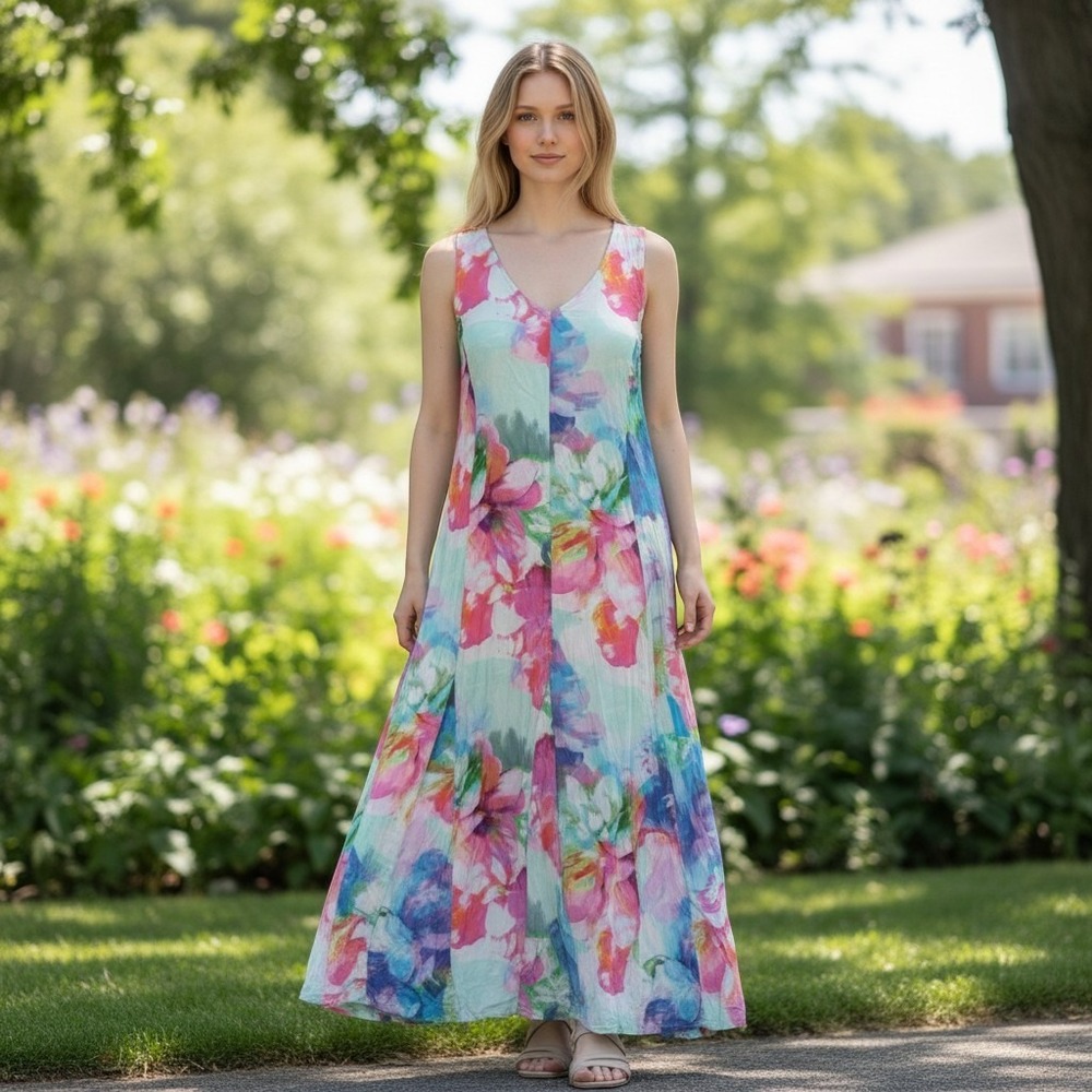 Soft Surroundings watercolor floral sleeveless dress destination summer Sz 10